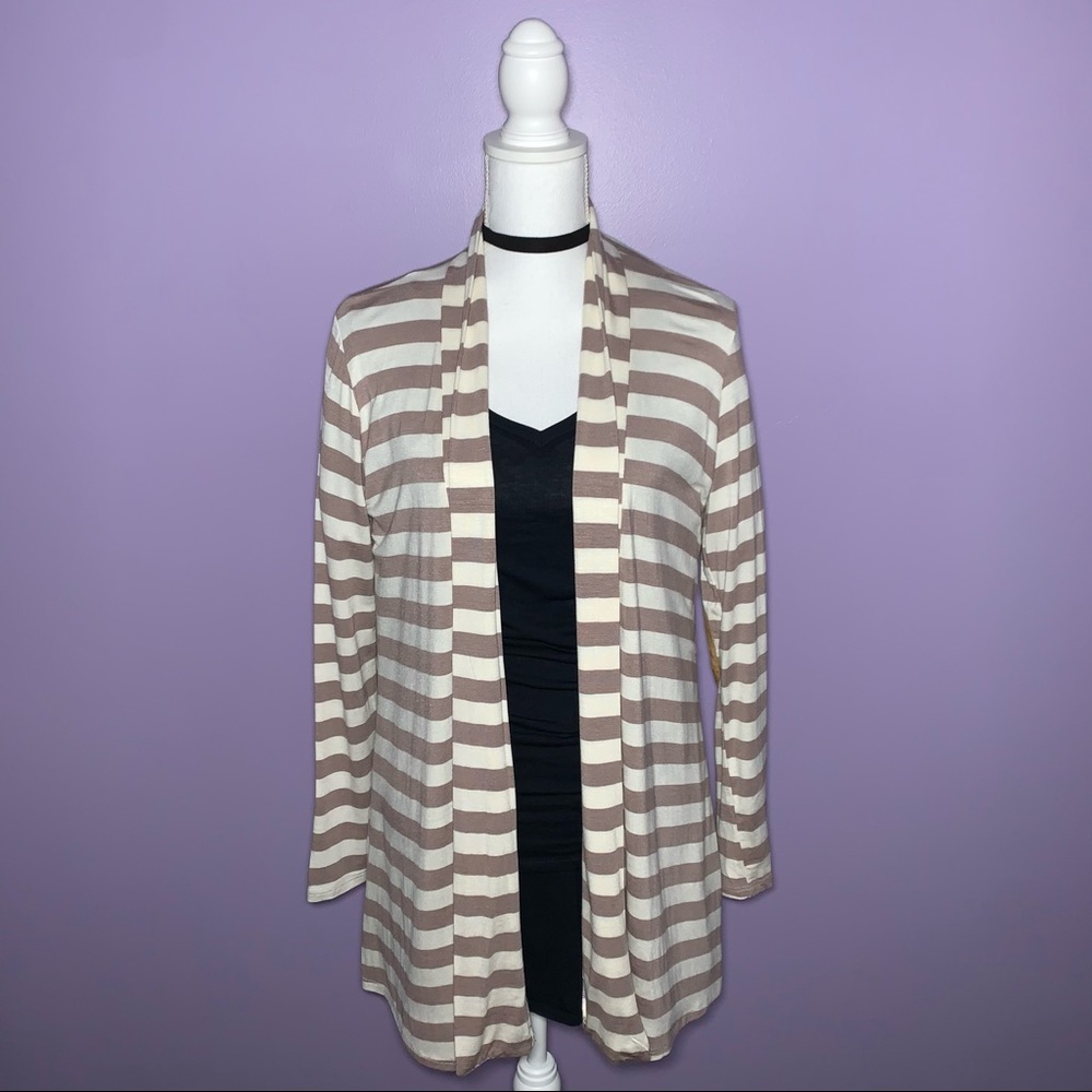 Boutique Tan and Cream Striped Elbow Patch Cardigan